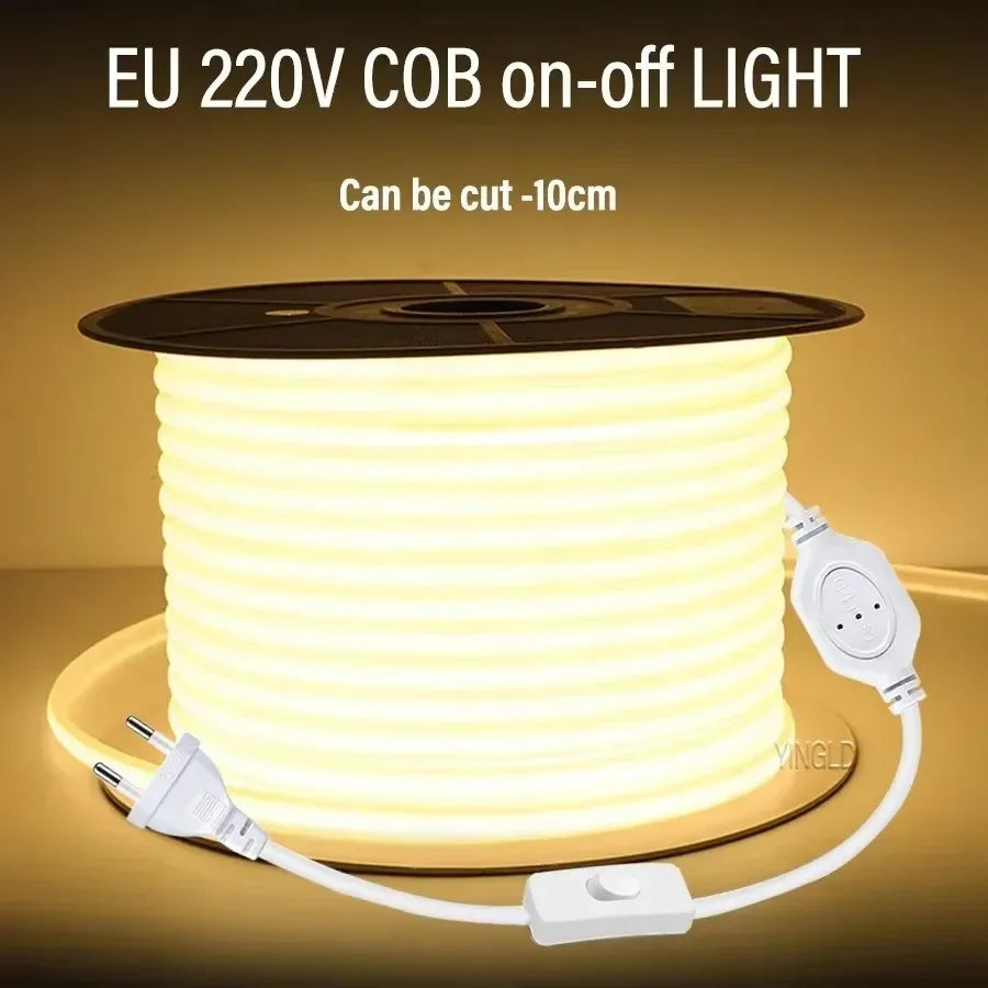 220V COB LED Strip Light High Bright Switch/Dimmable US 110V EU Plug Neon Tape Kitchen Cabinet Lighting Waterproof Garden