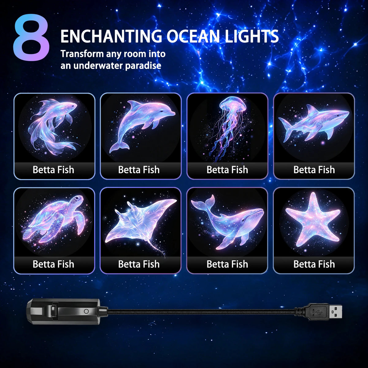 Ocean-Themed Projector Lamp USB Powered Creates a Romantic D