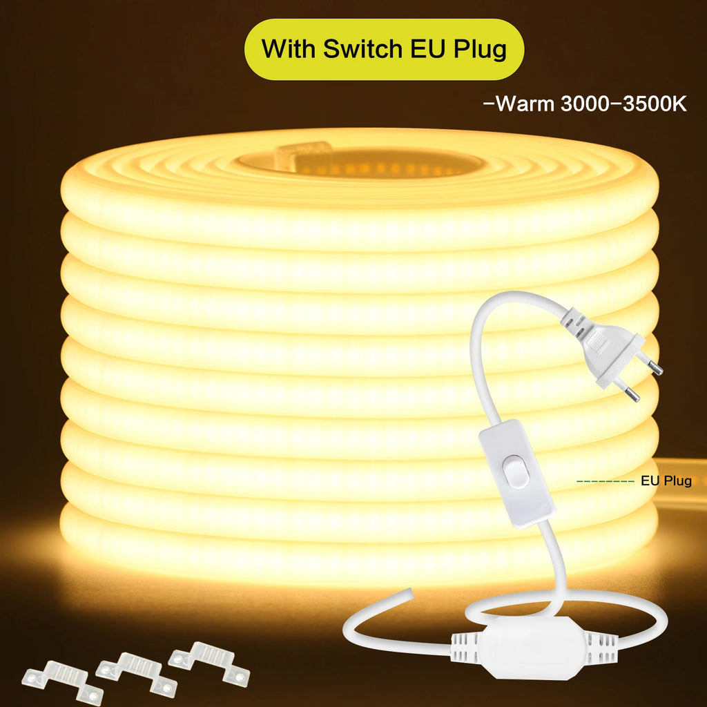 220V Dimmable COB LED Neon Strip Light With Switch/Dimmer Plug Waterproof 288Leds/M High Quality Neon Strip Garden Home Lighting
