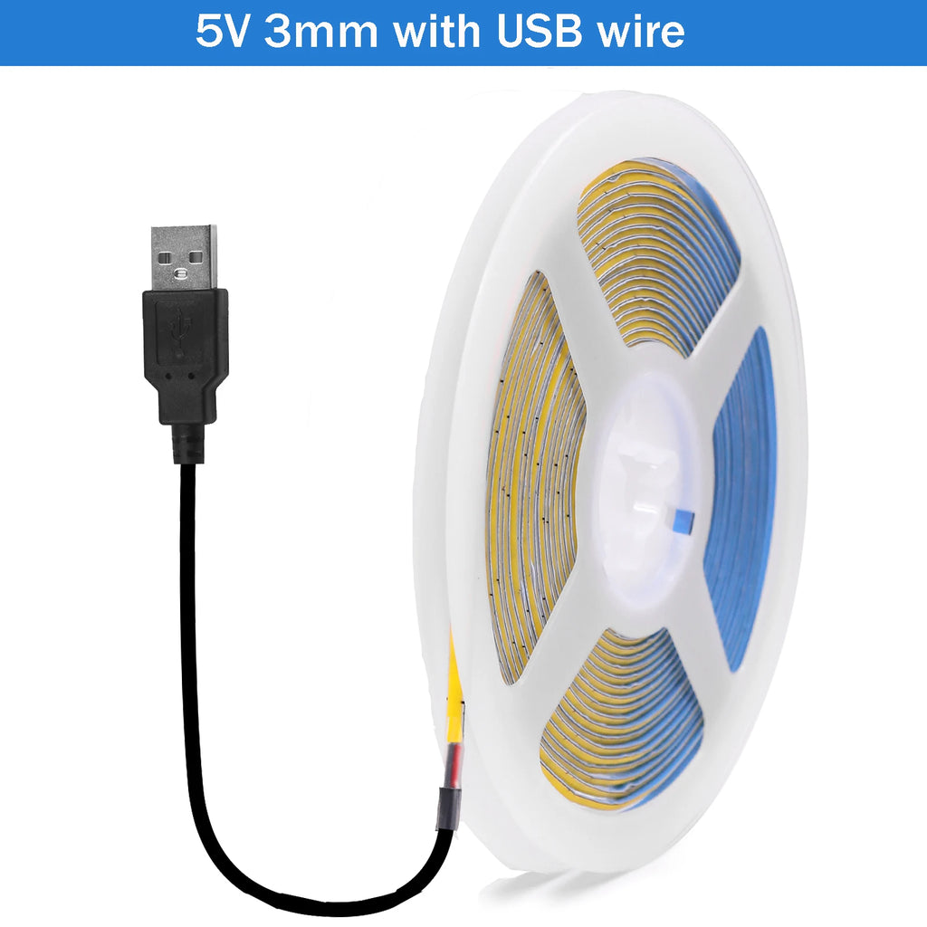 DC5V USB COB LED Strip 3mm 5mm 8mm Width 12V 320LEDs Flexible LED Strip Light with Adhesive High Density Linear Lighting