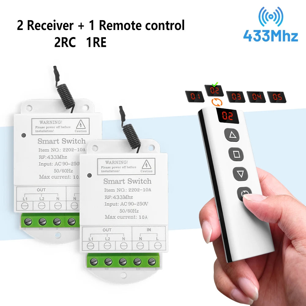 433mhz Wireless Remote Control Switch 220V 2CH Relay Receiver and Controller for Led Roller Blinds Shutters Projector Screen