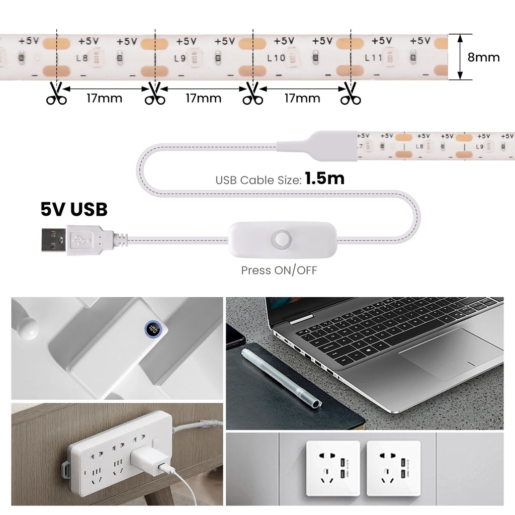 5V USB LED Strip Light with Dimmer Switch 2835 60LEDs Waterp