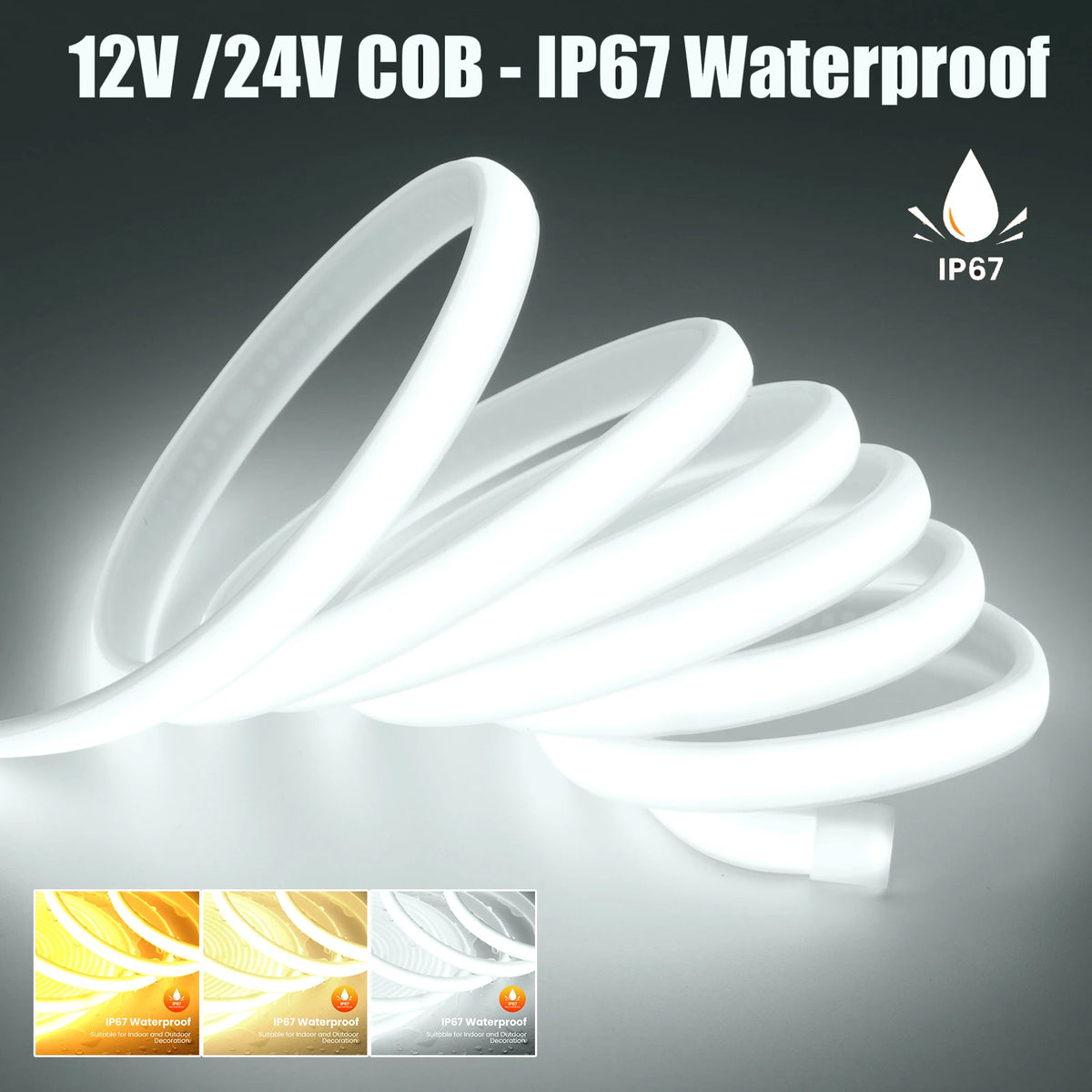 DC12V 24V COB Strip With 2PIN /DC Cable IP67 Waterproof Outd