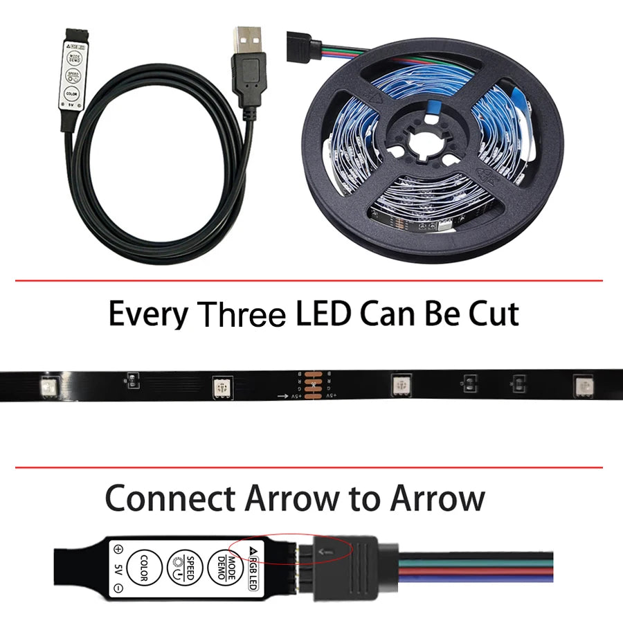 LED Strip Light 5050 Flexible Lamp Tape 3key Sound Sensor RG