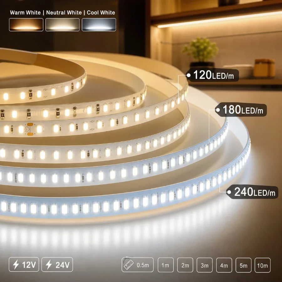 10 0.5M DC12V/24V SMD2835 LED Strip 120/180/240LEDs/M High D