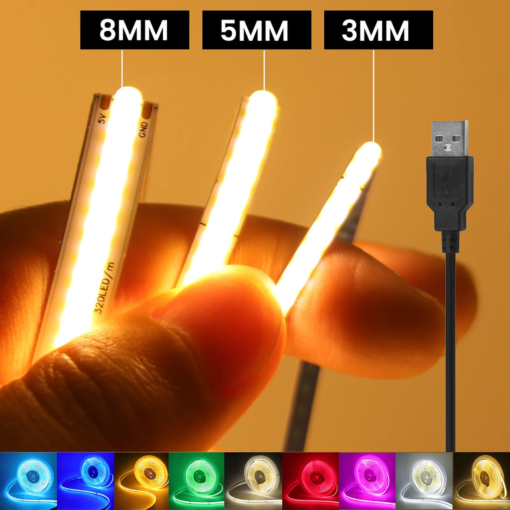 DC5V USB COB LED Strip Light 3MM 5MM 8MM Flexible LED Tape W