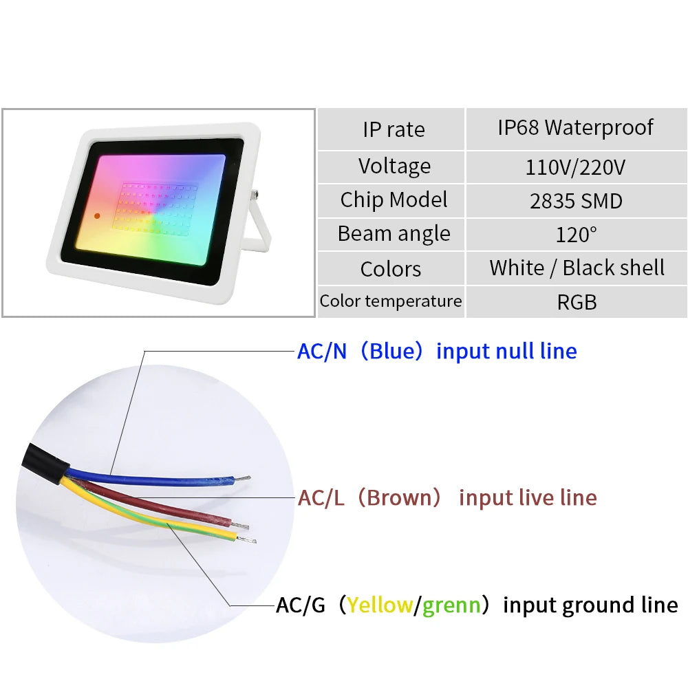 Led RGB Flood Light 20W 30W 50W 100W IP68 Outdoor Floodlight