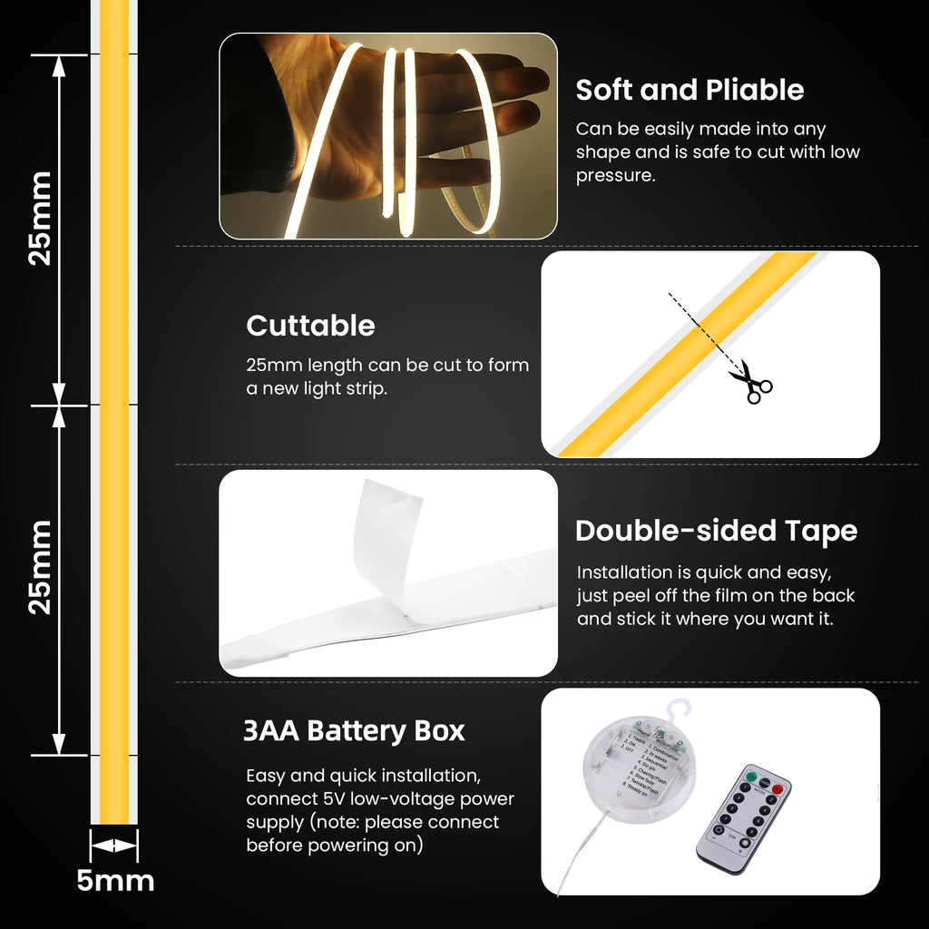 Dimmable 5V COB LED Strip Light 8 Modes 3AA Battery Box With