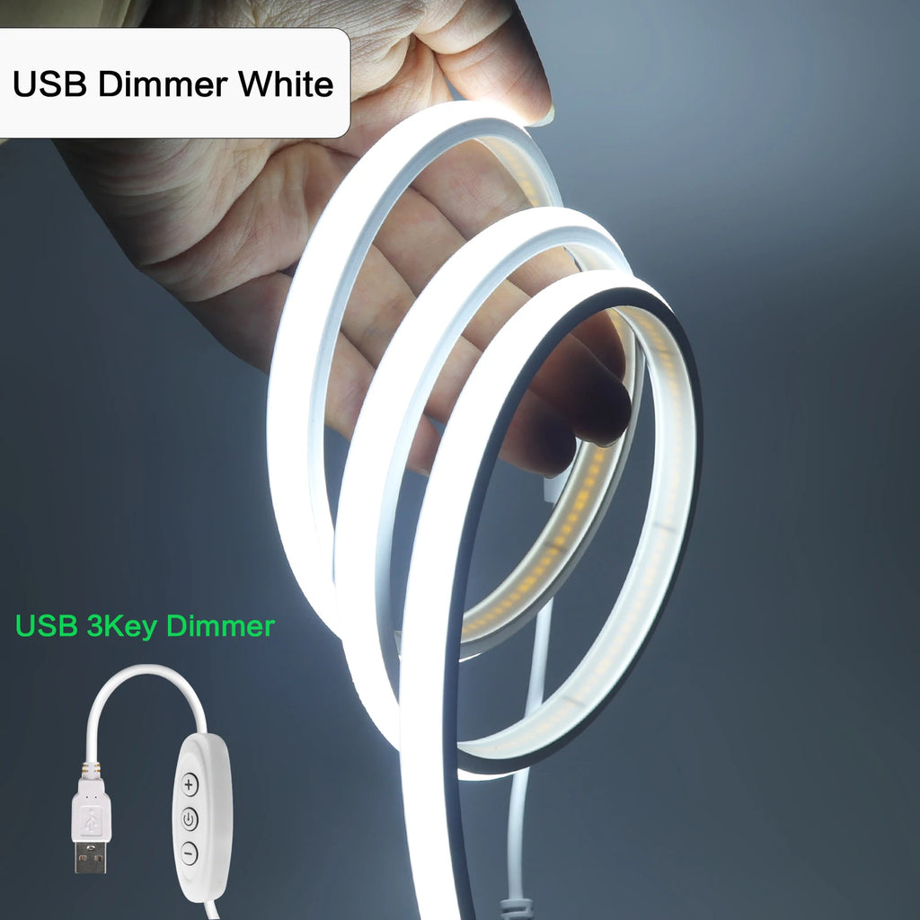 5V USB COB Neon LED Strip With Dimmer IP68 Waterproof 320LEDs/M White Natural Warm Neon Rope Light Indoor/Outdoor Linear Decor