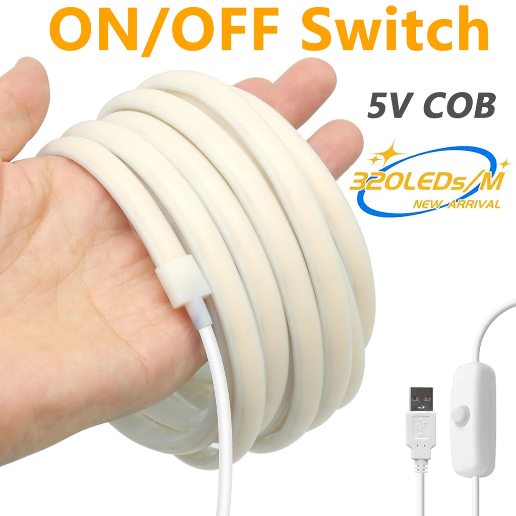 Dimmable 5V COB Neon LED Strip Light 320LEDs/m USB Switch/Touch/Sensor IP67 Waterproof Flex Mirror TV Backlight Kitchen Lighting