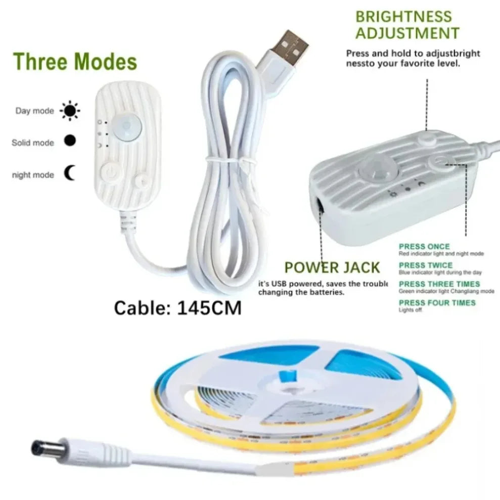 USB Motion Sensor 8mm COB LED Strip DC5V 3 Modes Dimmable In