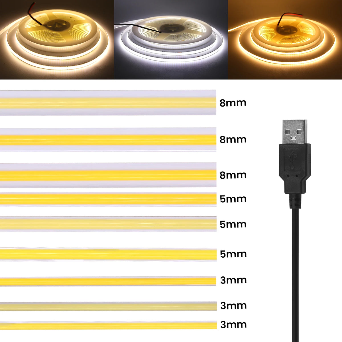 DC5V USB COB LED Strip Light 3MM 5MM 8MM Flexible LED Tape W
