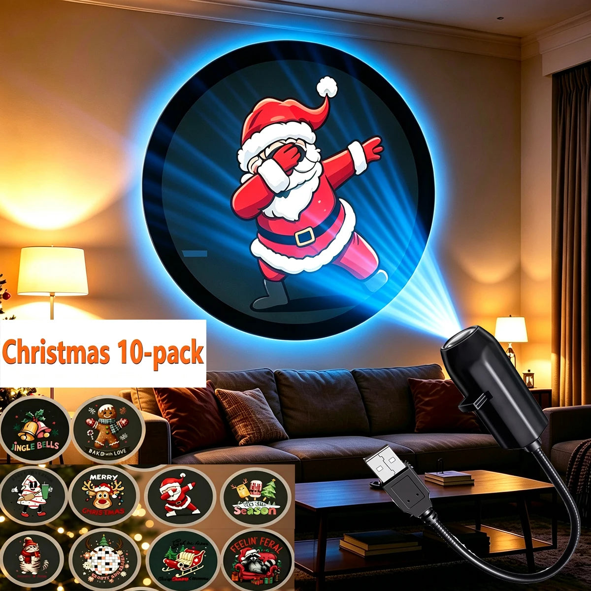 USB Christmas Projector Lamp Cartoon Santa Snowman 10/6/3 Pa