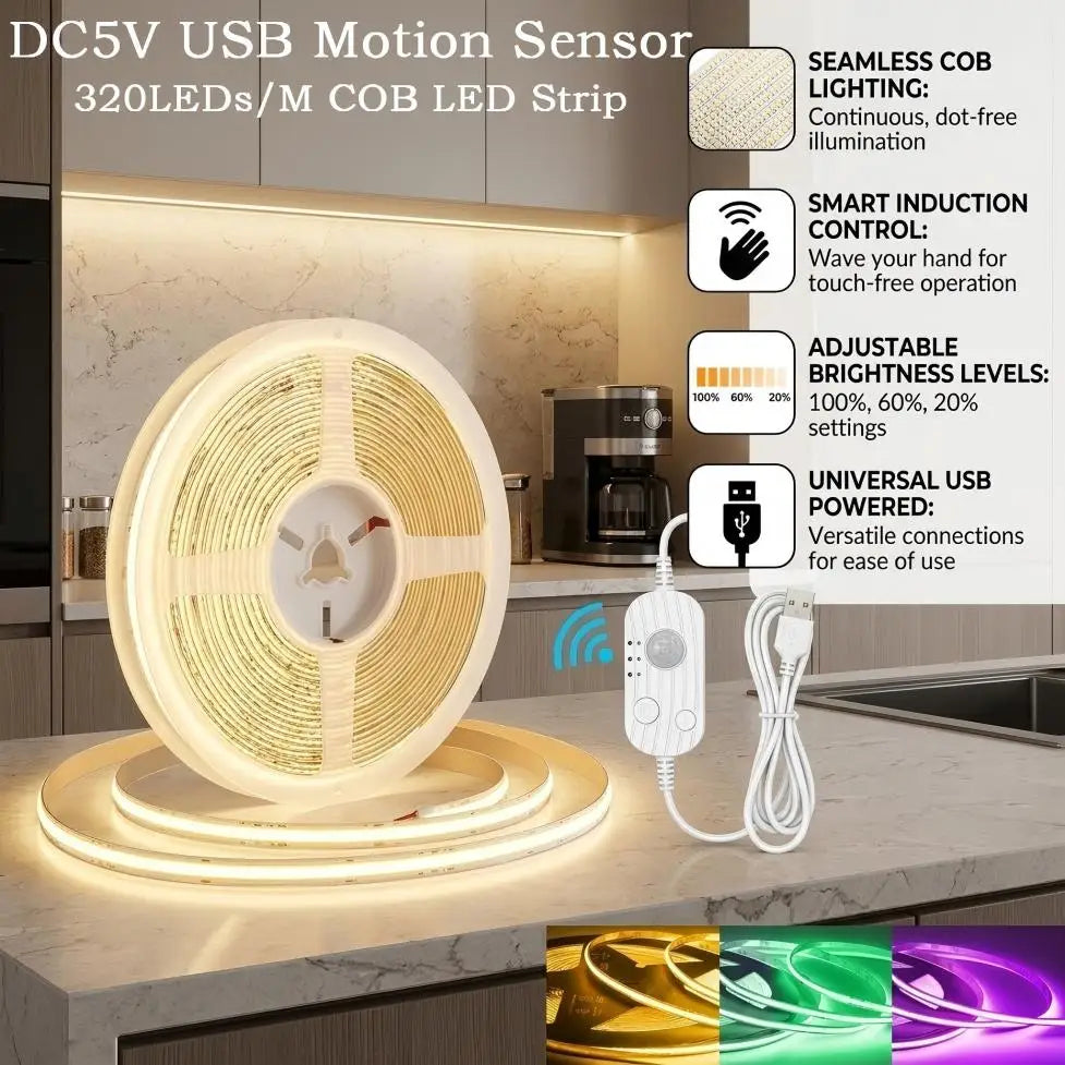 DC5V USB Motion Sensor 8mm COB LED Strip 3 Modes Dimmable In