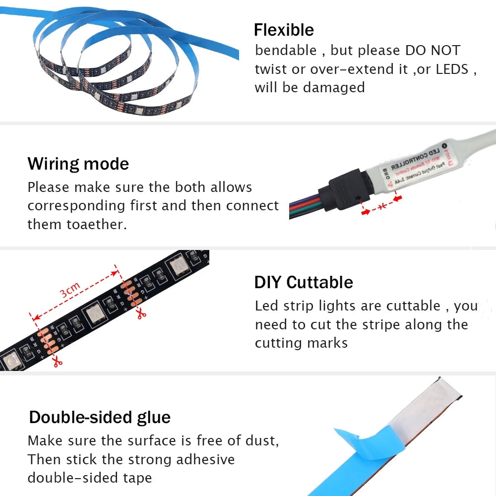 Battery Powed RGB LED Strip DC5V 5050 30LEDs/m IP21/IP65 Wit