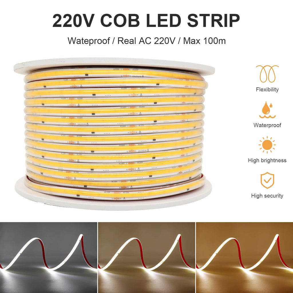 AC 220V IP67 Waterproof COB LED Strip Light Dimmable 5M 10M 