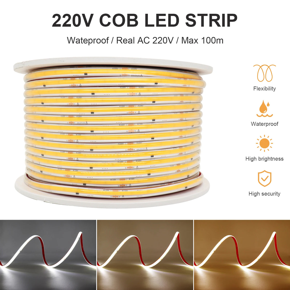 AC 220V IP67 Waterproof COB LED Strip Light Dimmable 5M 10M 
