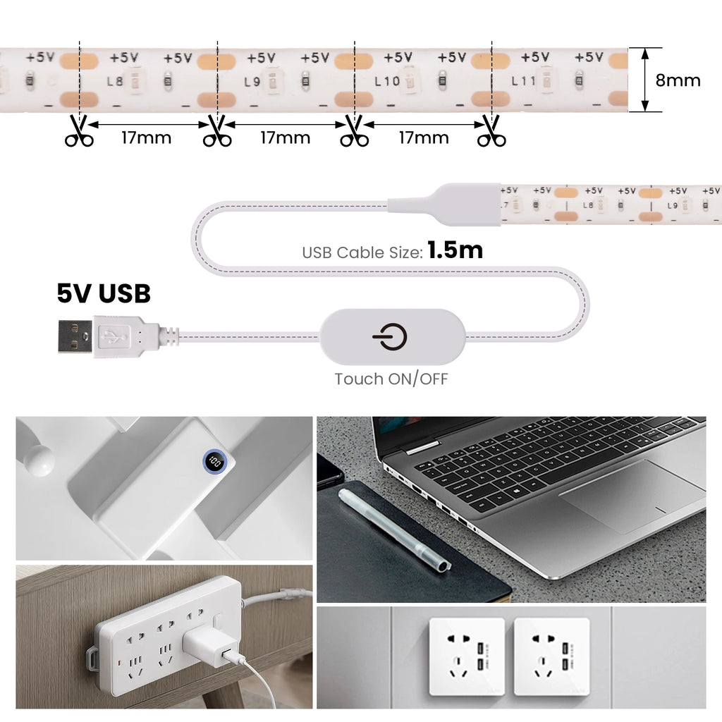 5V USB LED Strip SMD2835 Dimmable Touch Switch Kitchen TV Ba