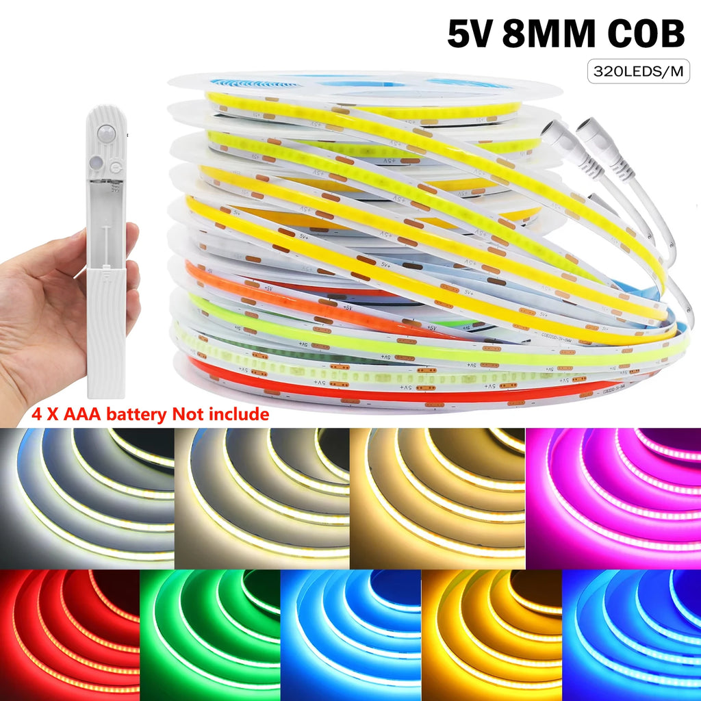 8MM COB Led Strip 5V with Motion Sensor Battery Powered 320L