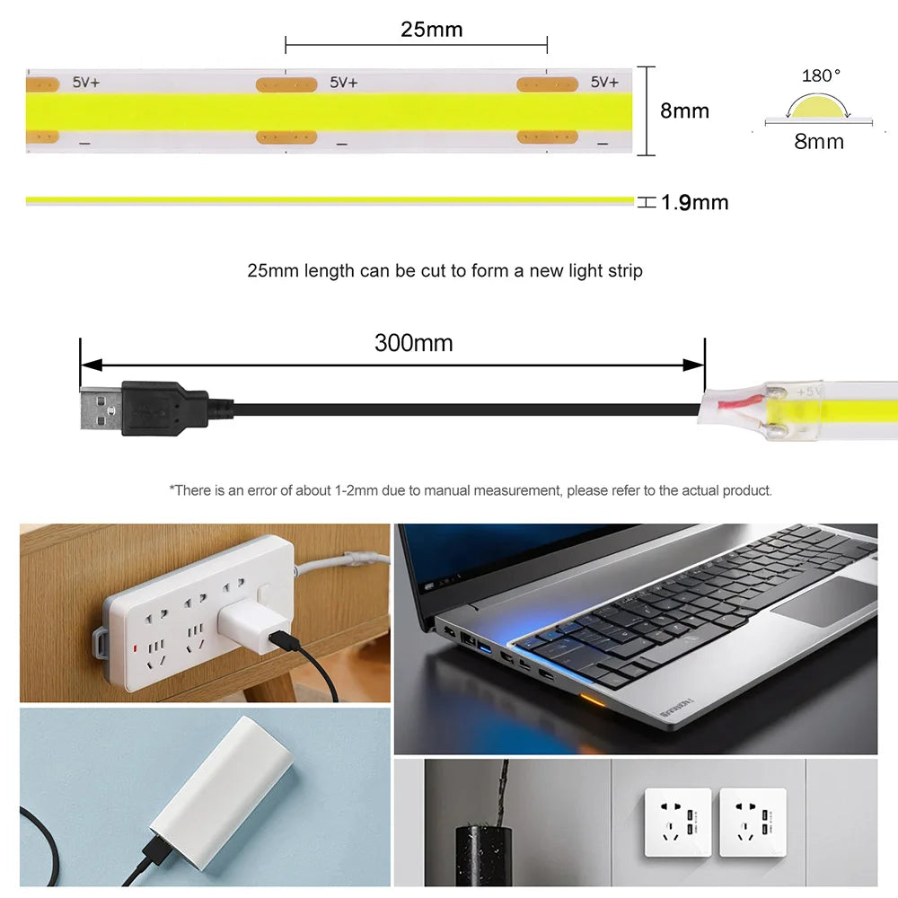5V USB COB LED Strip Light Tape White Red Green Pink Ice Blu