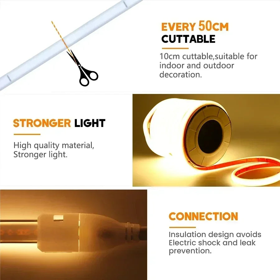 LED Strip Brightness Waterproof COB LED Strip 220V Flexible 