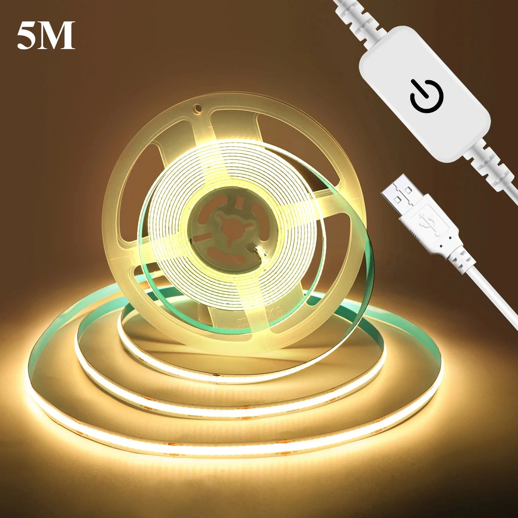 USB High Density COB LED Strip Touch Dimmer No Dark Spot Flexible Self Adhesive Linear Light For Mirror TV Backlight DIY Decor
