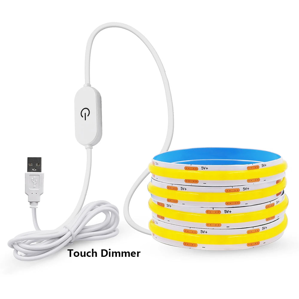 5V USB COB LED Strip Light 3Keys Touch Dimmable ON/OFF Switch Bright Red Green Blue Warm White 320LEDs Flex Ribbon Tape 8mm PCB