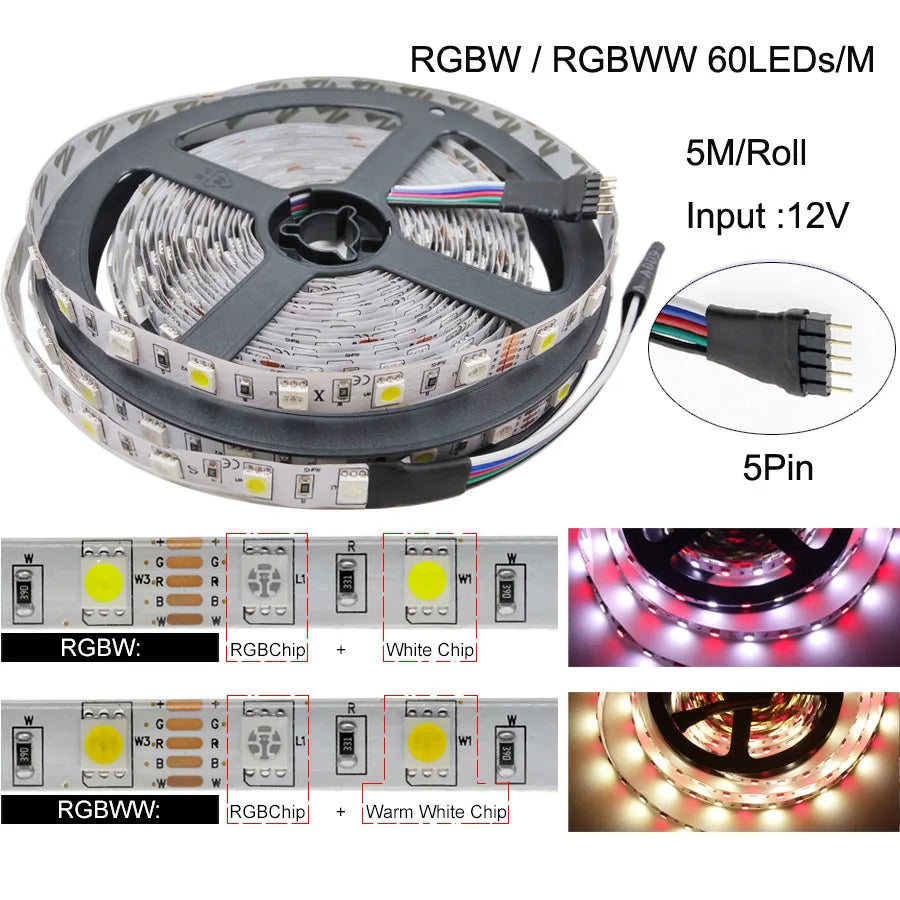 LED Strip 5050 DC 12V 24V RGB Warm White 5 Meter Waterproof 