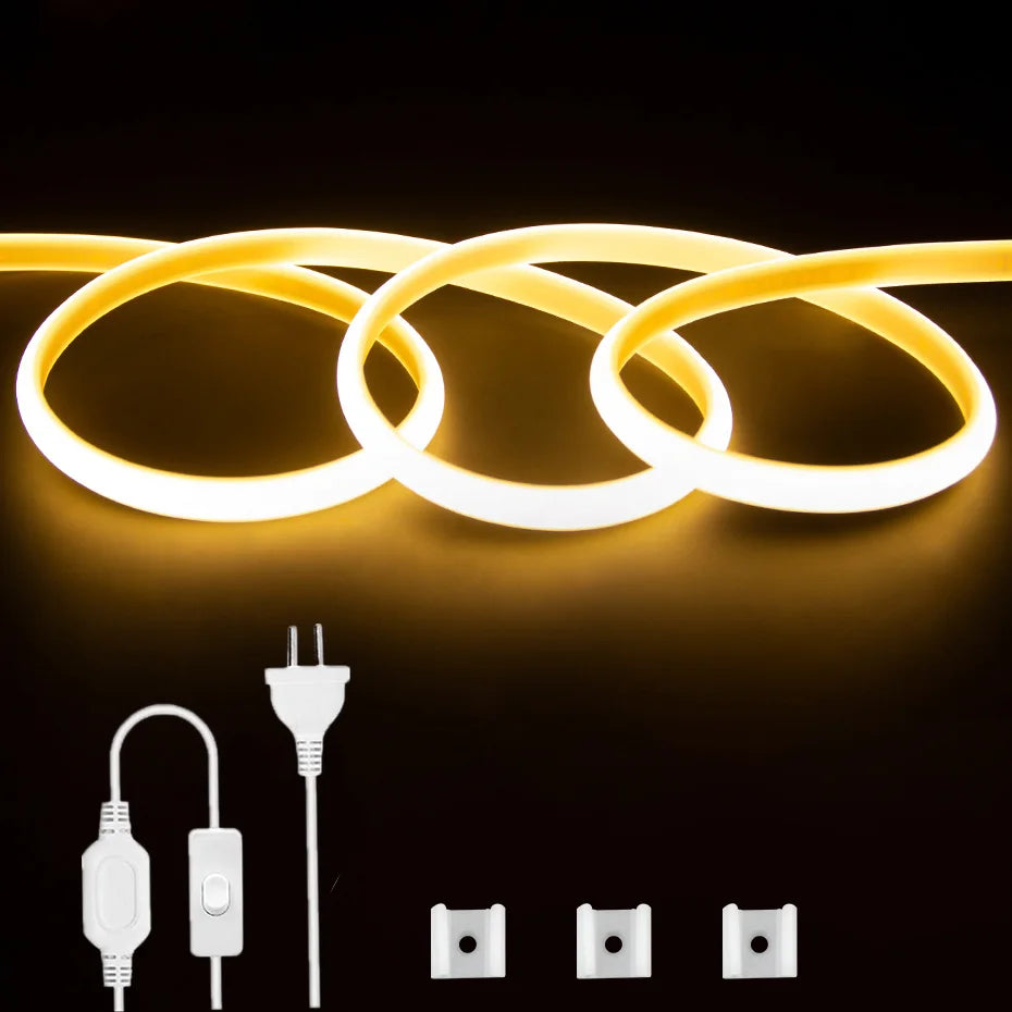 Waterproof 220V COB Led Strip EU AU ON/OFF Switch Power Plug 1-50M Cuttable Led Neon Strip 288Leds/m COB Tape Light For Home