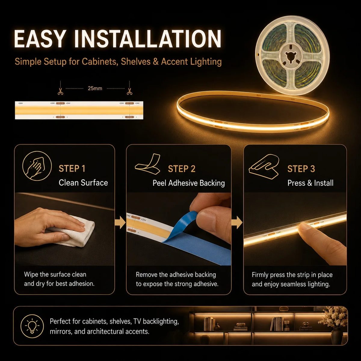 USB High Density COB LED Strip Touch Dimmer No Dark Spot Fle