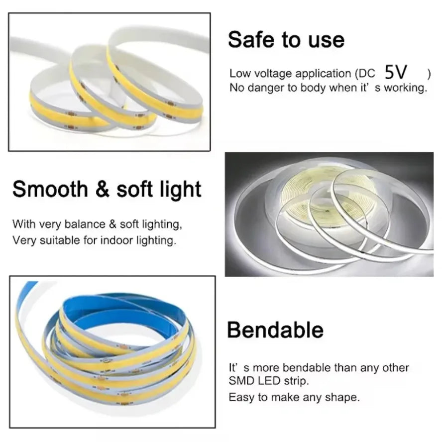 5V USB COB Lamp Strip 320LEDs/M White/Red/Pink/Ice Blue/Yell