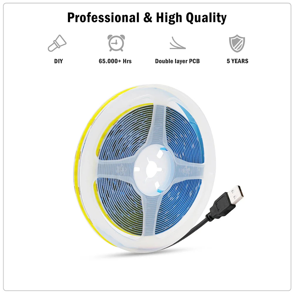 5V USB COB LED Strip Light Tape White Red Green Pink Ice Blu