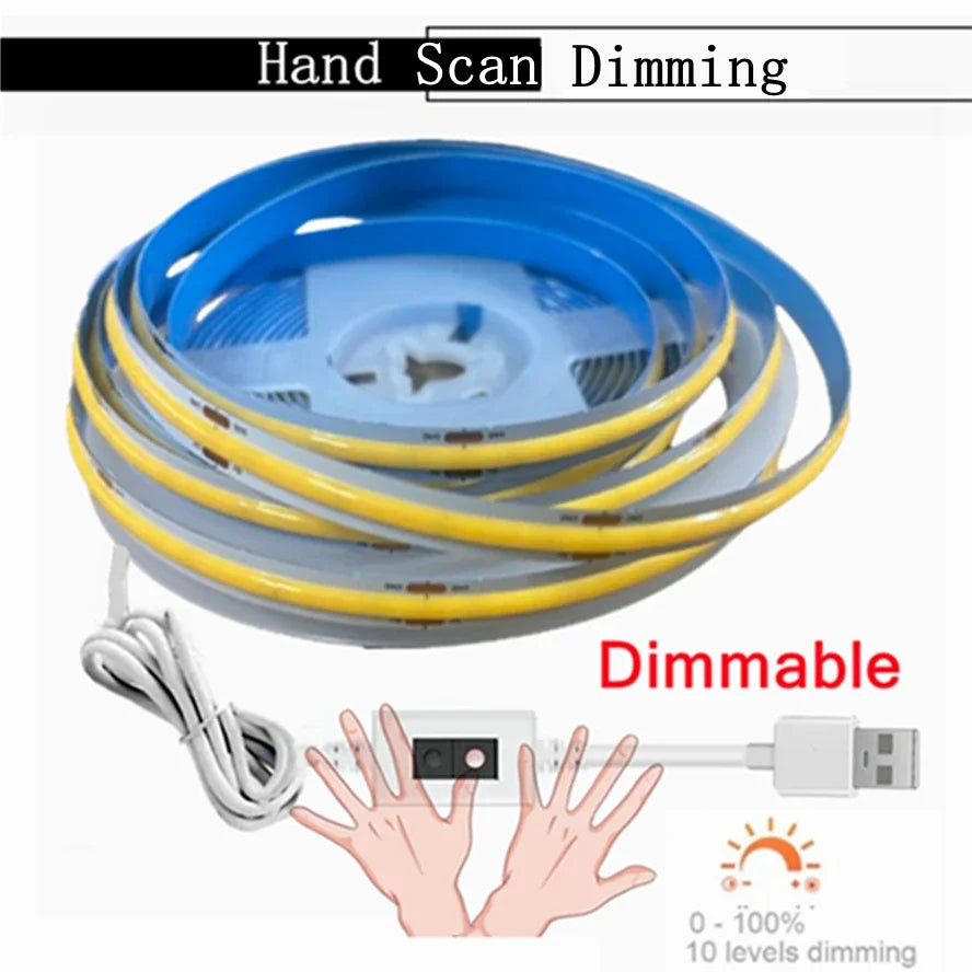 Super Bright USB DC 5V COB LED Strip Light 1m 2m 3m 4m 5m With Hand Scan/ Dimmable Touch Sensor Switch/ Push Switch 320LEDs/m