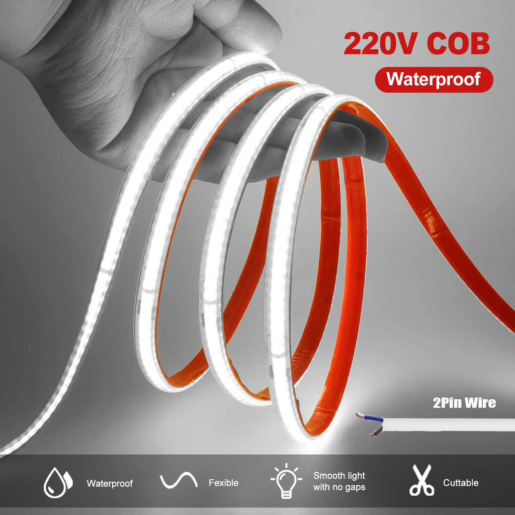 AC 220V COB Strip 240Leds/M IP65 Waterproof 3000K 4000K 6000K Flexible Ribbon Rope LED Light 10CM Cut Self Adhesive Diode Tape