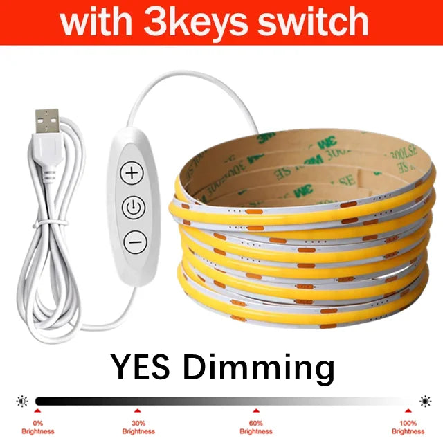 DC5V USB COB Led Strip Light With Dimmer Switch 8MM PCB Flexible Adhesive Tape 320LEDs/m TV Background Lighting Night Lamp 1-5m