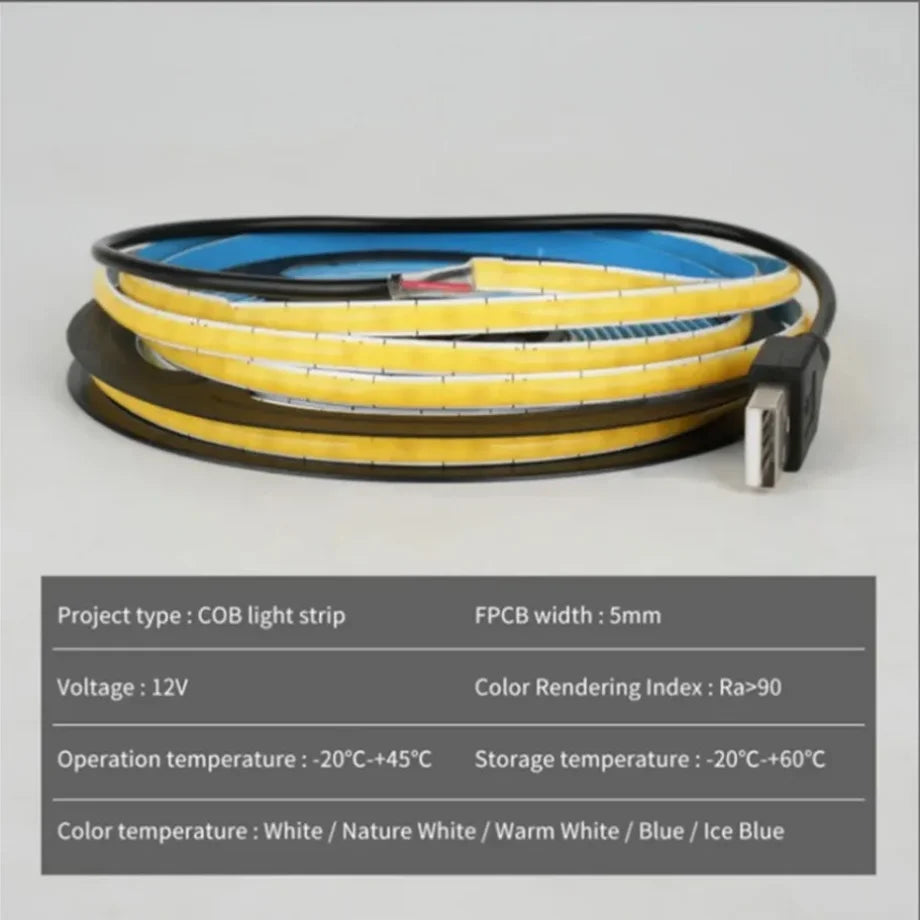 LED Strip DC 5V/12V USB COB 5mm 400Leds/M Flexible Ribbon Ro