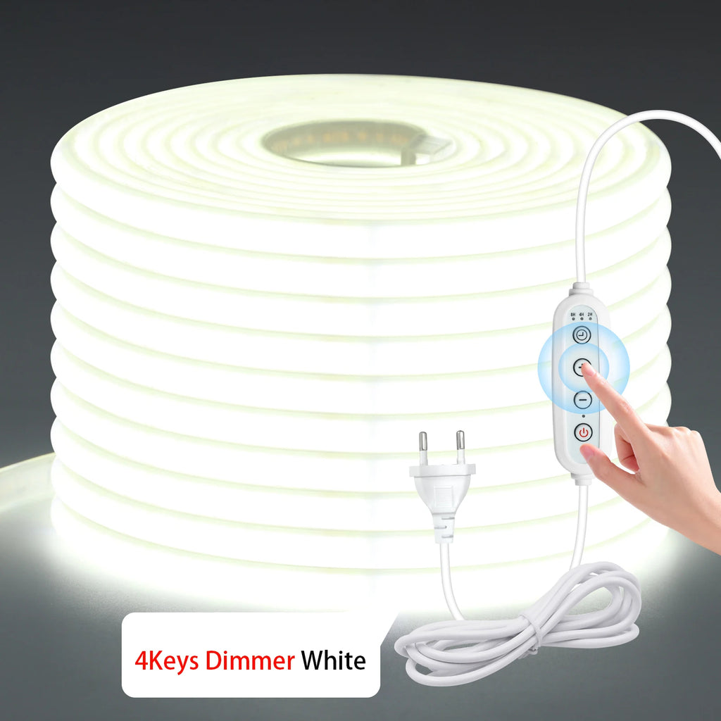 220V Dimmable COB LED Adhesive Strip With Dimmer/Switch White Warm Natural Flexible Ribbon Tape 240LEDs/M Indoor Outdoor Decor