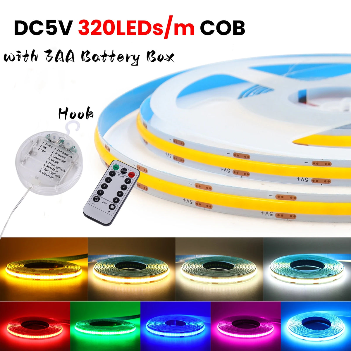 3AA Battery Box 5V COB LED Light Strip With Remote Blue Whit