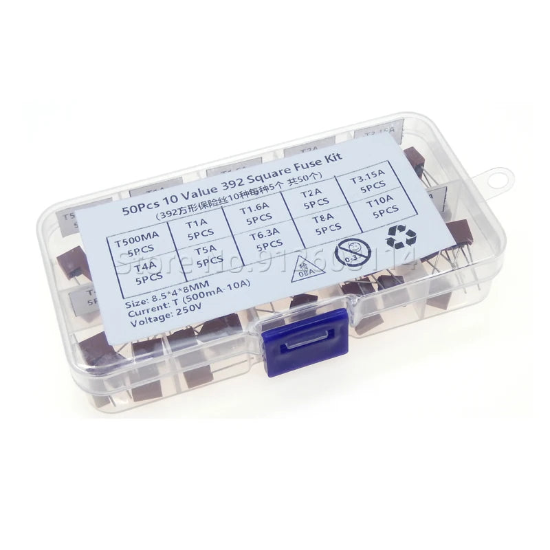 50/100PCS 392 Square Plastic Fuse Assortment Kit T500mA-T10A