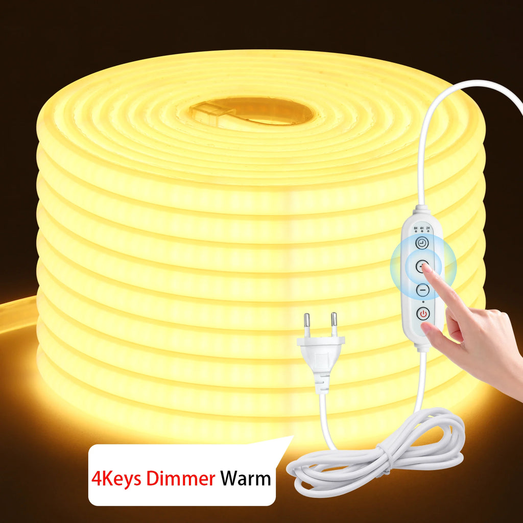 220V Dimmable COB LED Adhesive Strip With Dimmer/Switch White Warm Natural Flexible Ribbon Tape 240LEDs/M Indoor Outdoor Decor