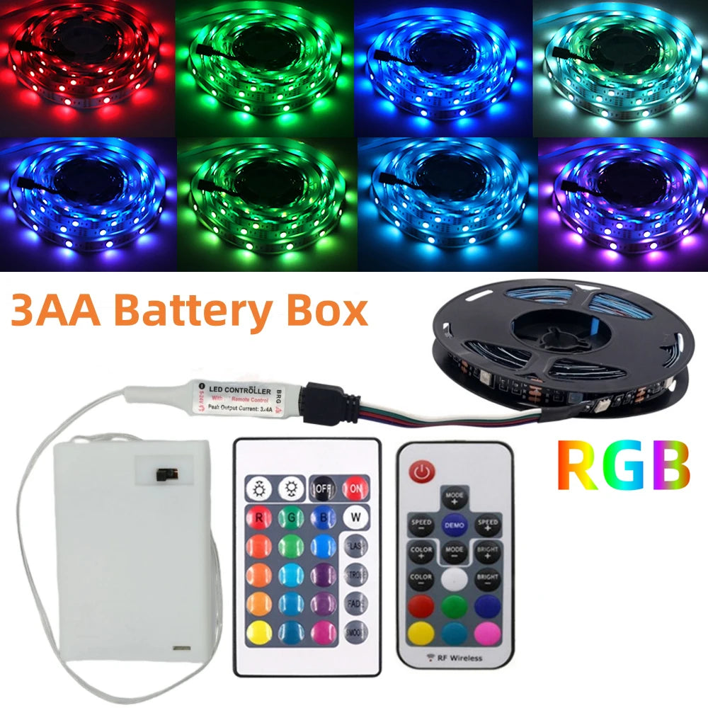 3AA Battery Power RGB Led Strip Light 5V 5050 with 3/17/24Ke