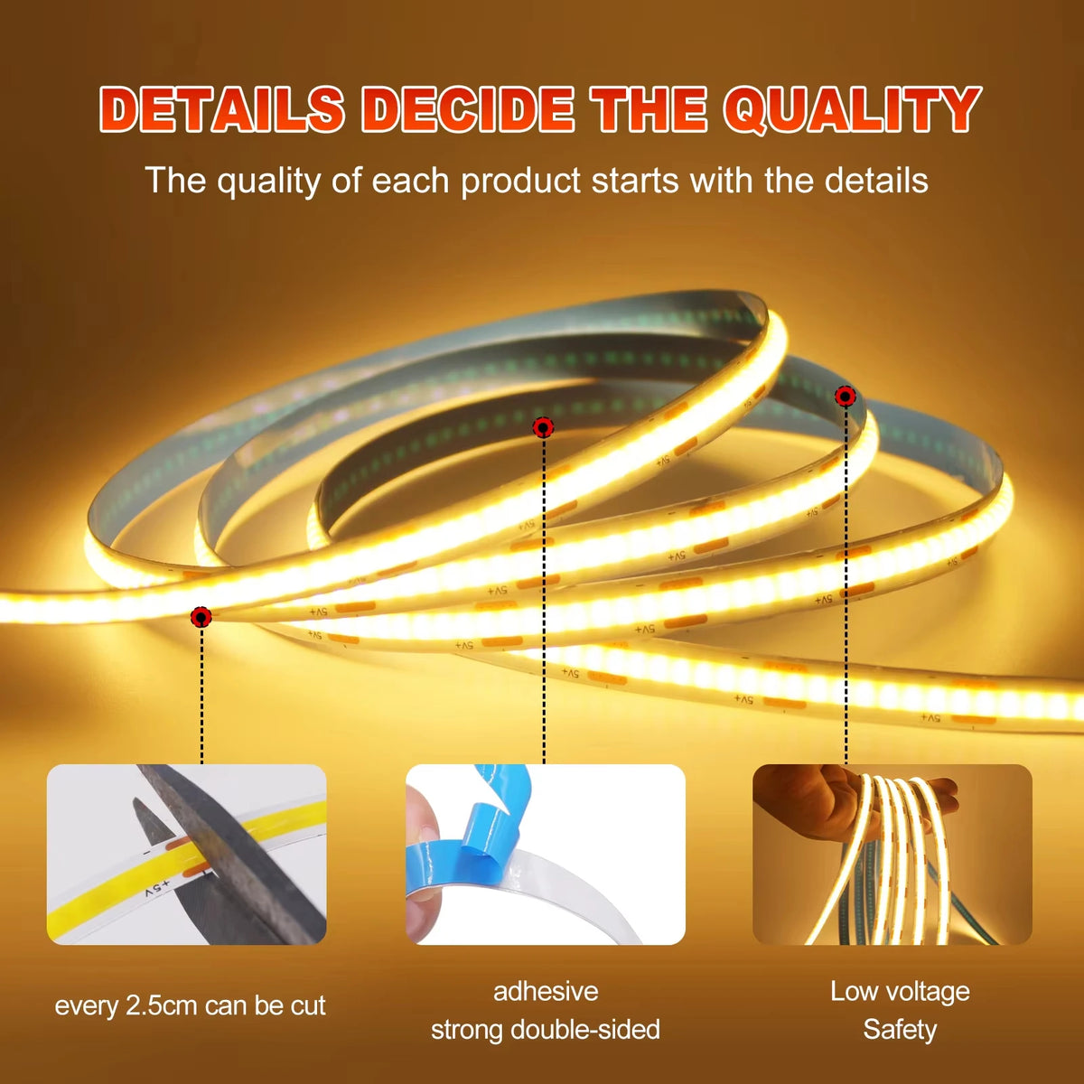 High Density COB LED Strip USB Button Switch Soft Uniform Li