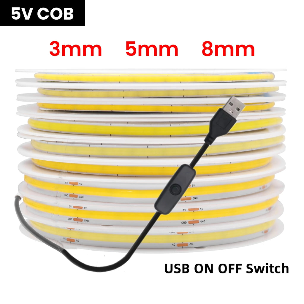 USB Dimmable COB LED Strip Light 3MM 5MM 8MM RA90 High Density 320LEDs/M 3000K 4000K 6500K FOB Flexible Ribbon Tape Rope Lamp