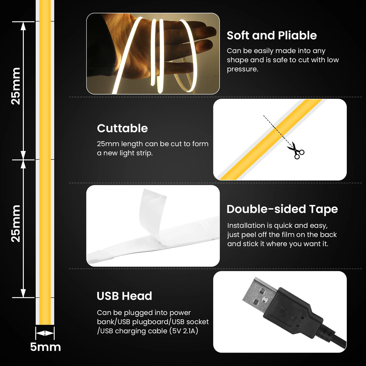 5V USB COB Led Strip Light 320 Leds/M White/Red/Green/Blue/I