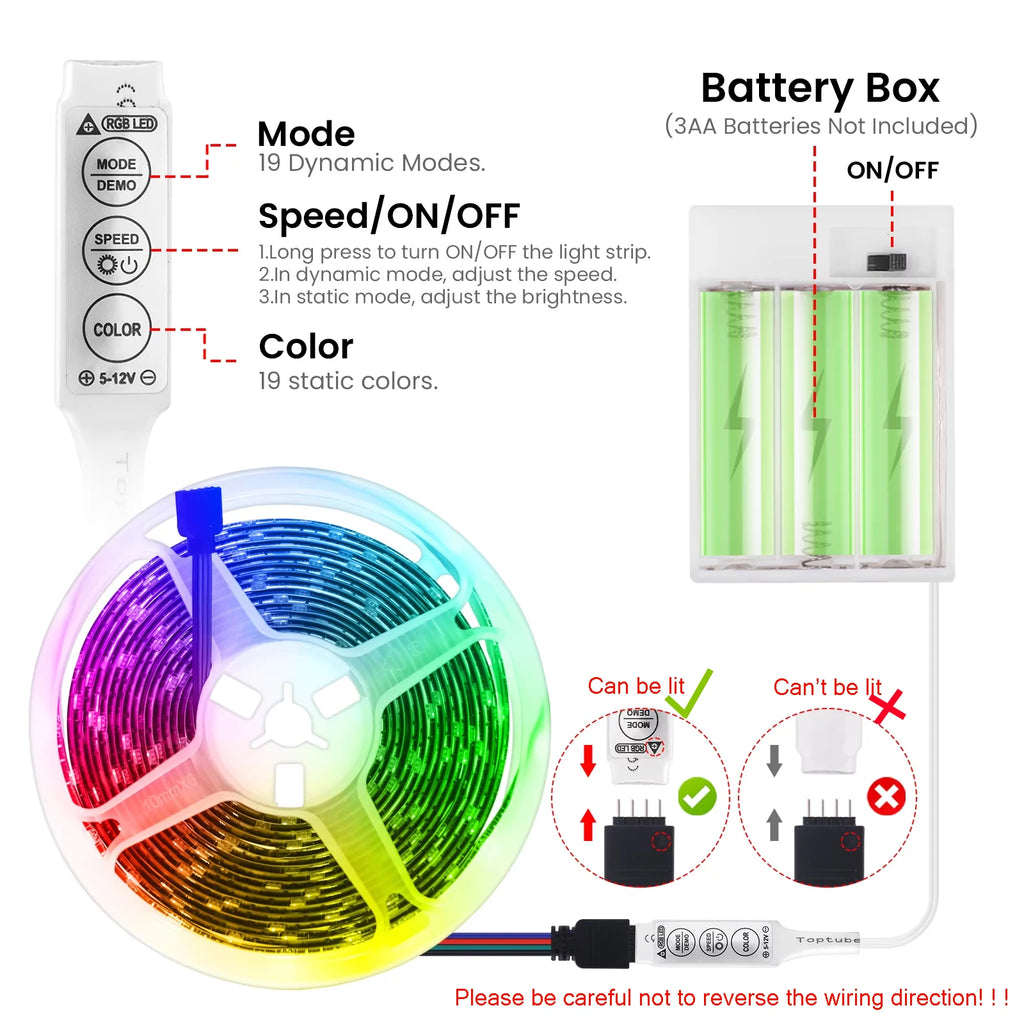 3AA Battery Power RGB Led Strip Light 5V 5050 with 3/17/24Ke