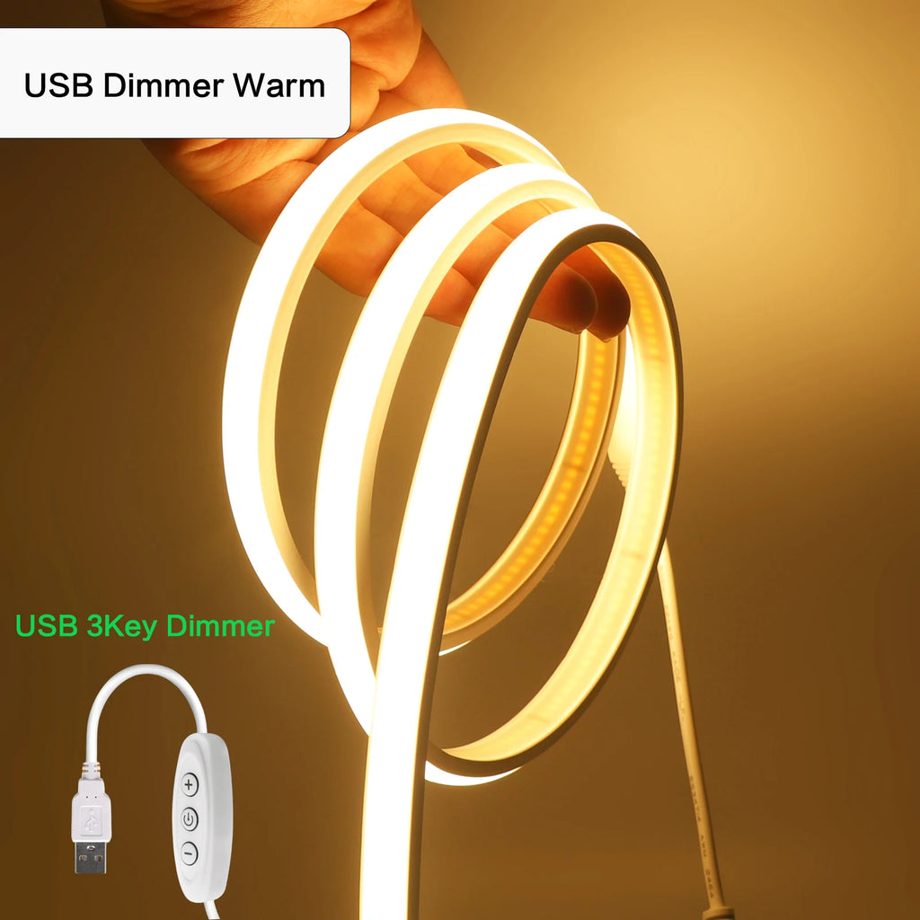 5V USB COB Neon LED Strip With Dimmer IP68 Waterproof 320LEDs/M White Natural Warm Neon Rope Light Indoor/Outdoor Linear Decor