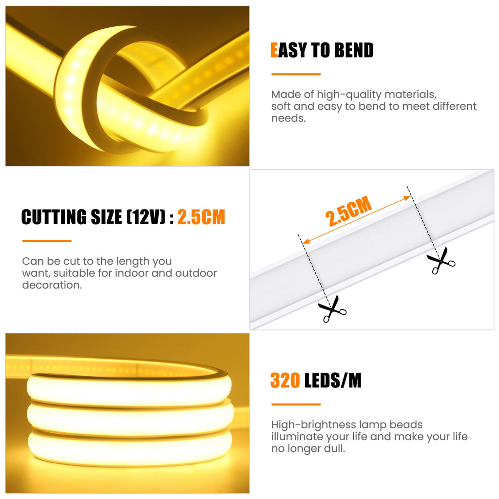 5V USB COB Neon LED Strip With Dimmer IP68 Waterproof 320LED