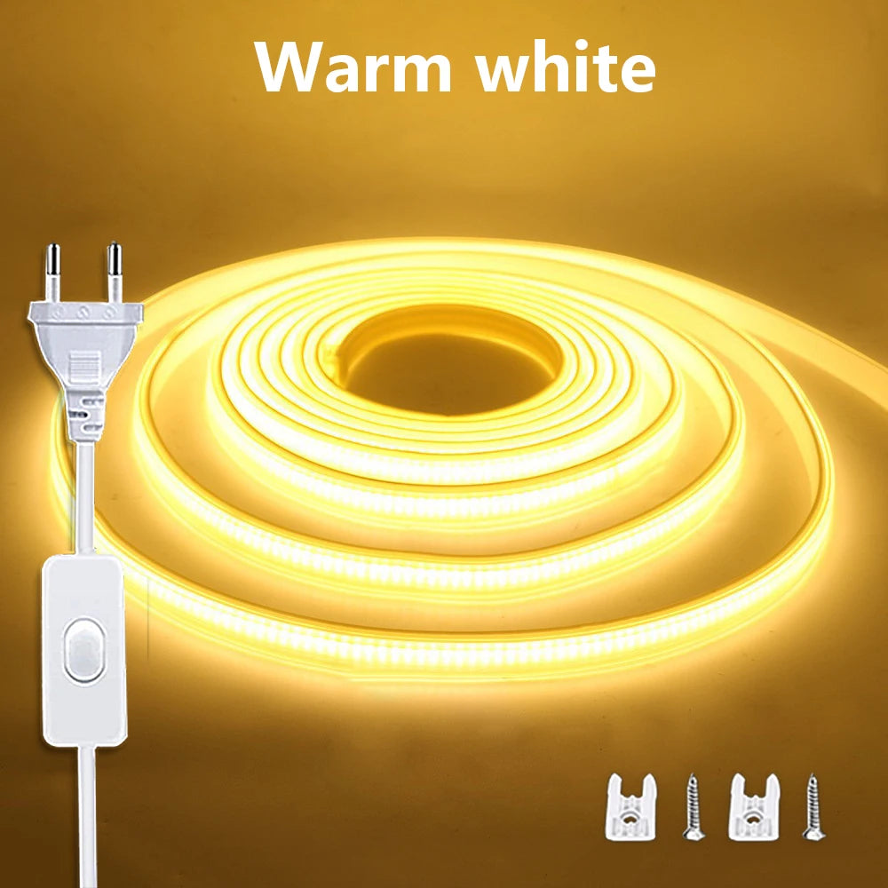 LED Lights Strip 220v with ON-OFF Switch Waterproof Outdoor COB Led Strip Flexible Ribbon Tape for Room Kitchen Garden Lighting