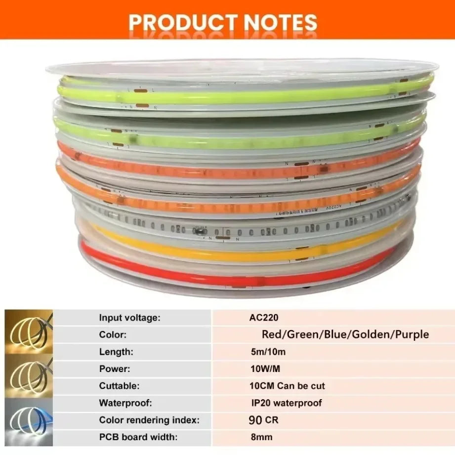 220V COB LED Strip 0.5M-10M Flexible Tape Light Smart IC No 