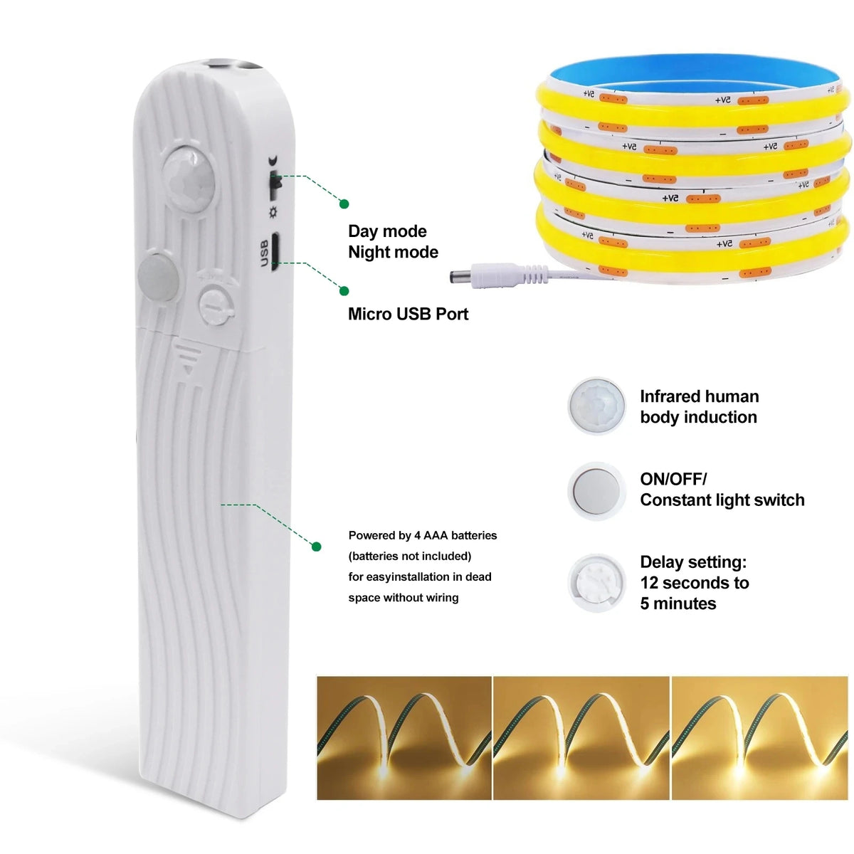 COB LED Strip 8mm Motion Sensor USB/Battery Powered 5V 320LE